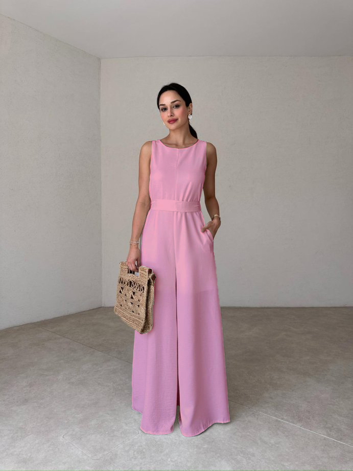Women's Sleeveless Waisted Linen Jumpsuit With Pockets