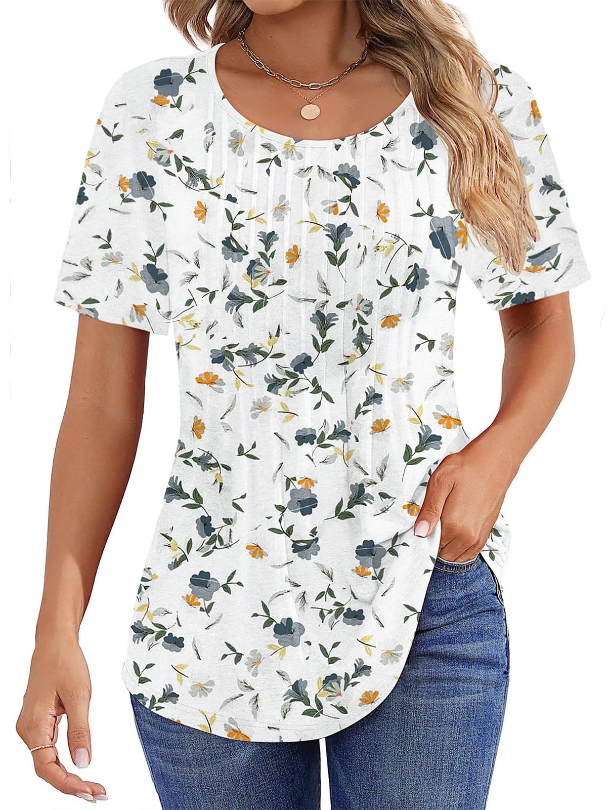 Women Summer Pleated Short Sleeve Tunic Blouses Shirts