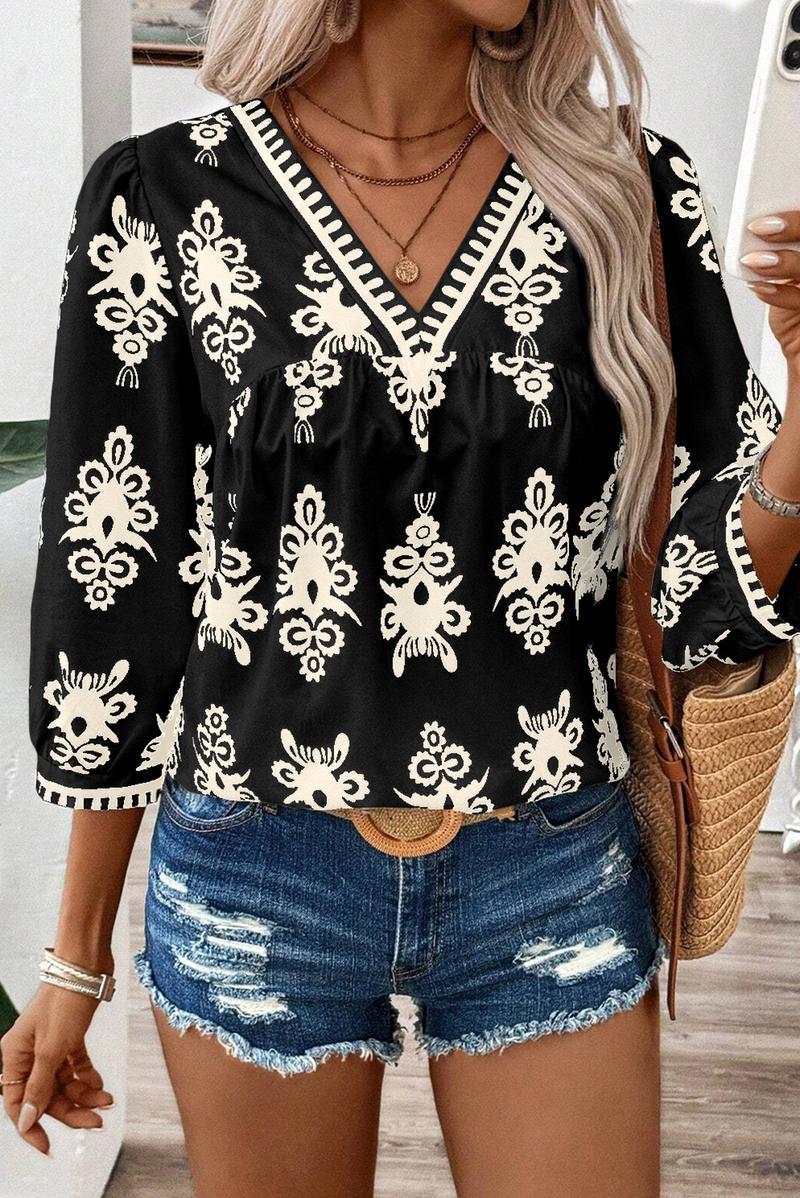 HOT SALE Women's Vintage Geometric Printed 3/4 Sleeve V Neck Blouse