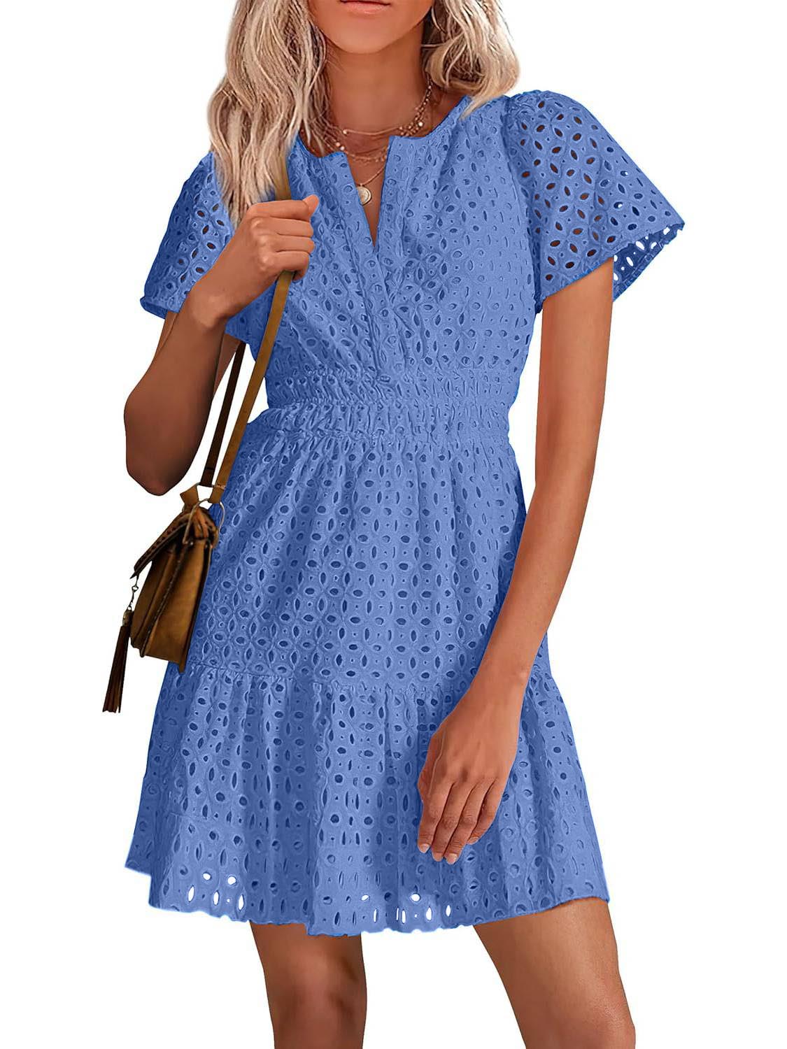 2025 New Womens V Neck Short Sleeve A Line Hollow Out Lace Ruffle Short Dress