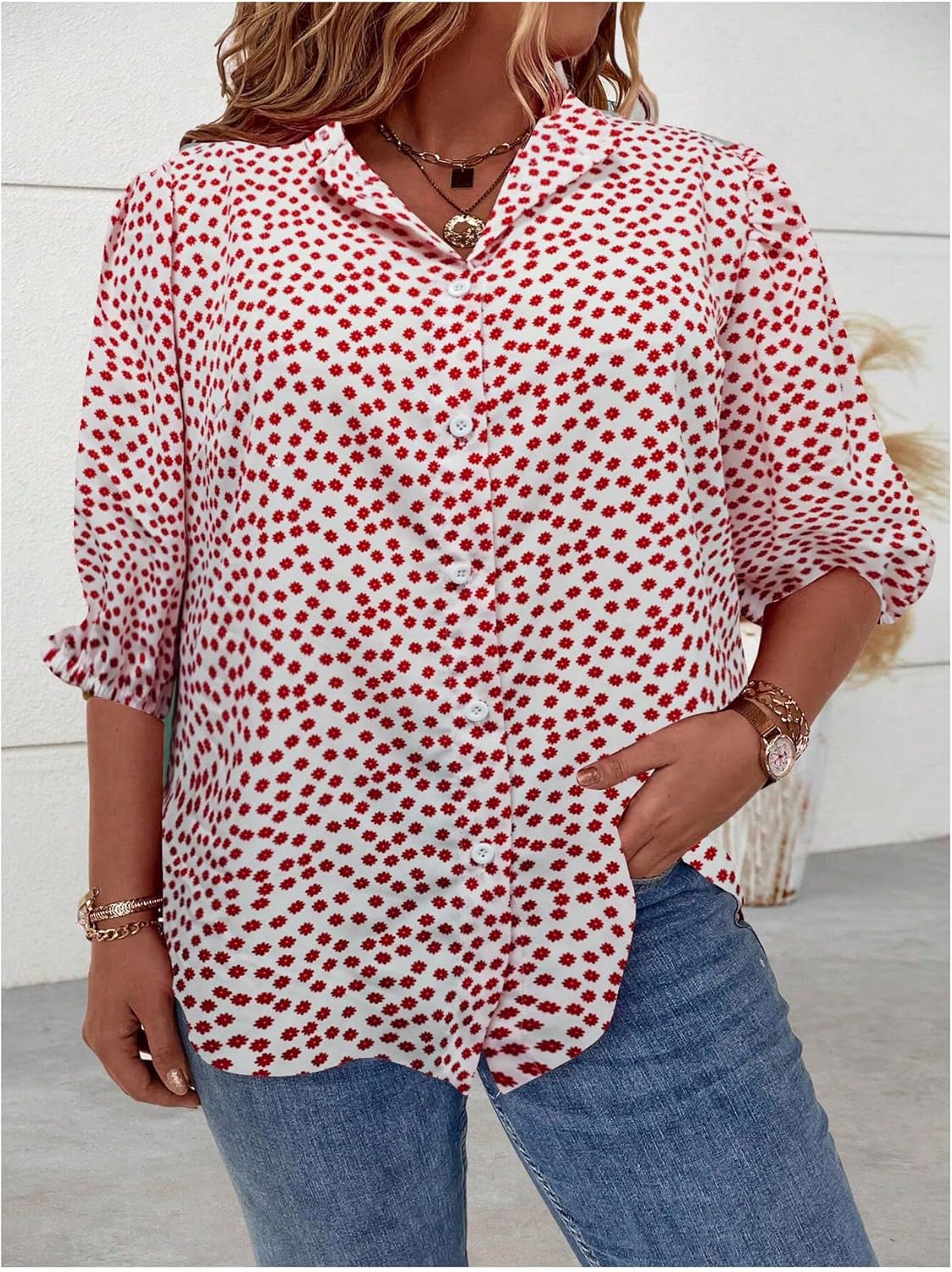 Women's Floral Print Half Sleeve Button Down Shirt Blouse (BUY 2 FREE SHIPPING)