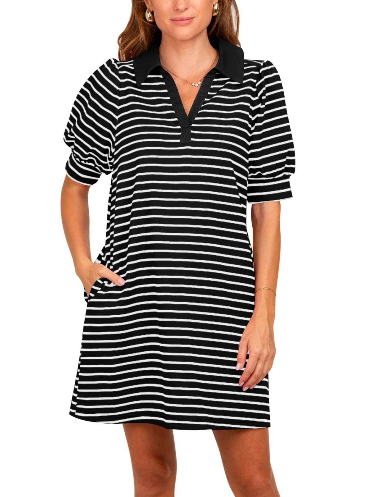 Women's Lapel Collared  Striped Dress Puff Polo Tshirt Dresses with Pockets (BUY 2 FREE SHIPPING!!!)