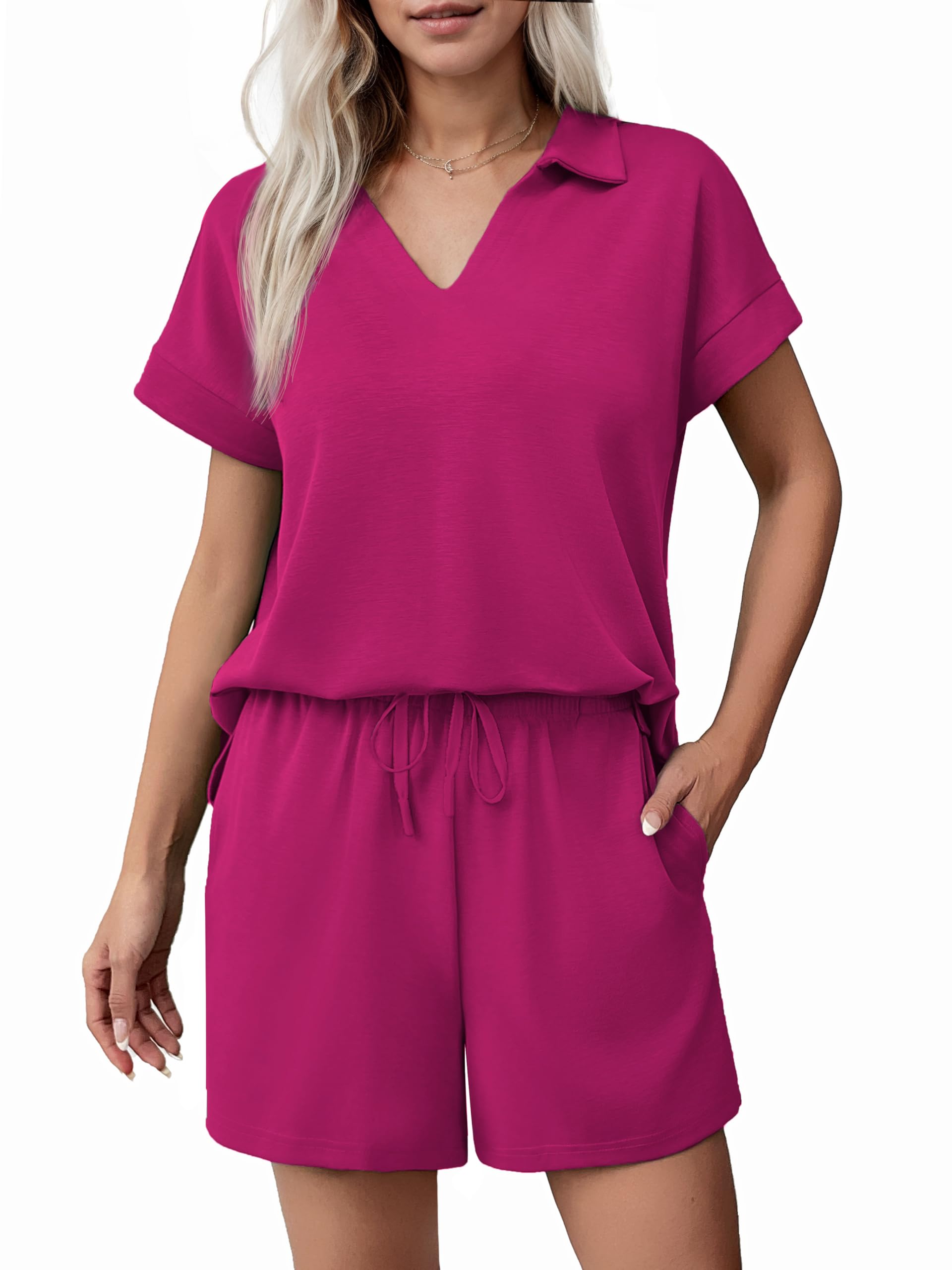 Women Summer Lounge Sets Short Sleeve Sweatshirt V-neck Tops and Drawstring Shorts Outfits Tracksuit (BUY 2 FREE SHIPPING!!!)
