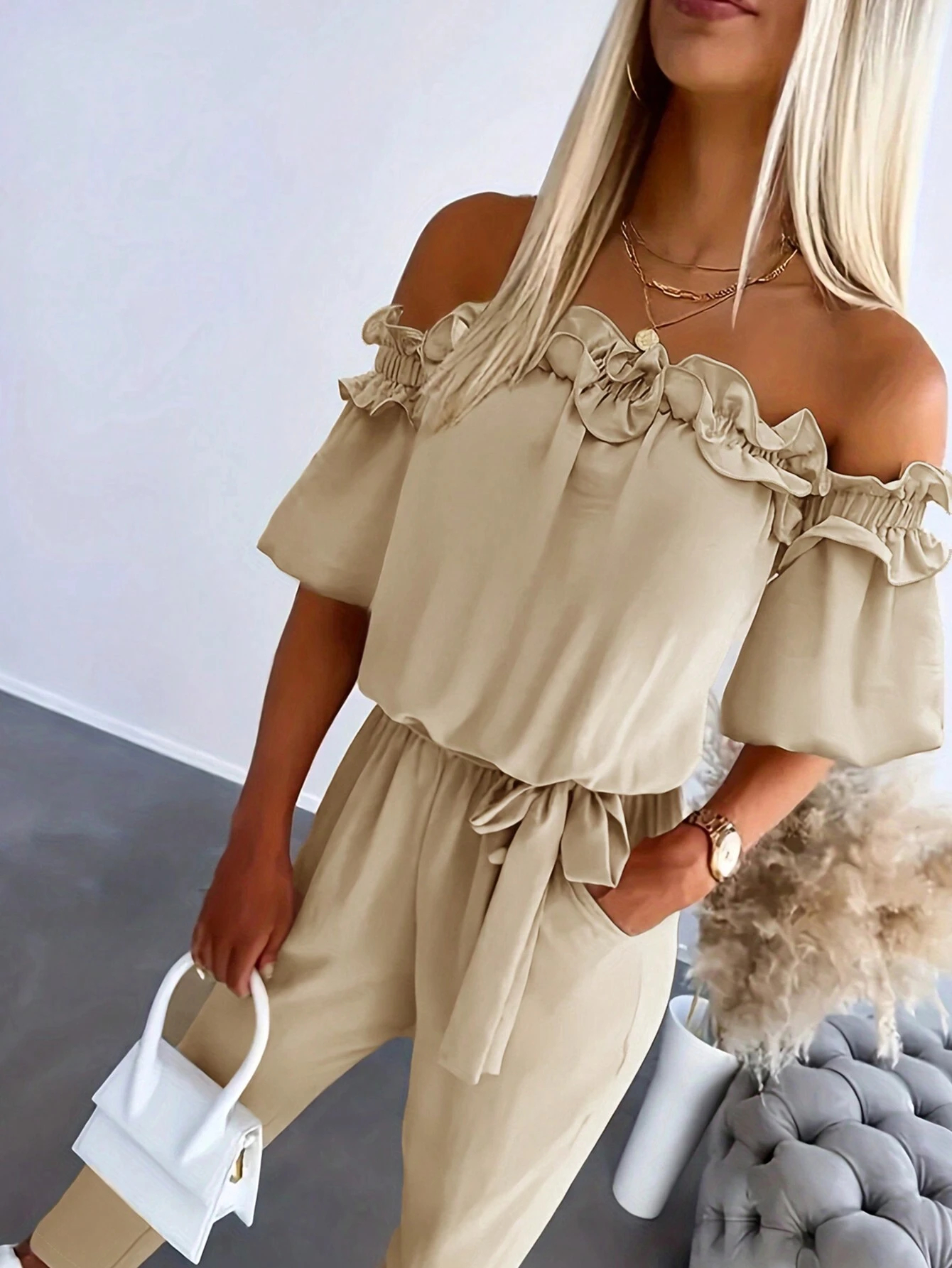 Women's Solid Color Off-Shoulder Short Sleeve Pleated Casual Jumpsuit (Buy 2 Free Shipping!!!)
