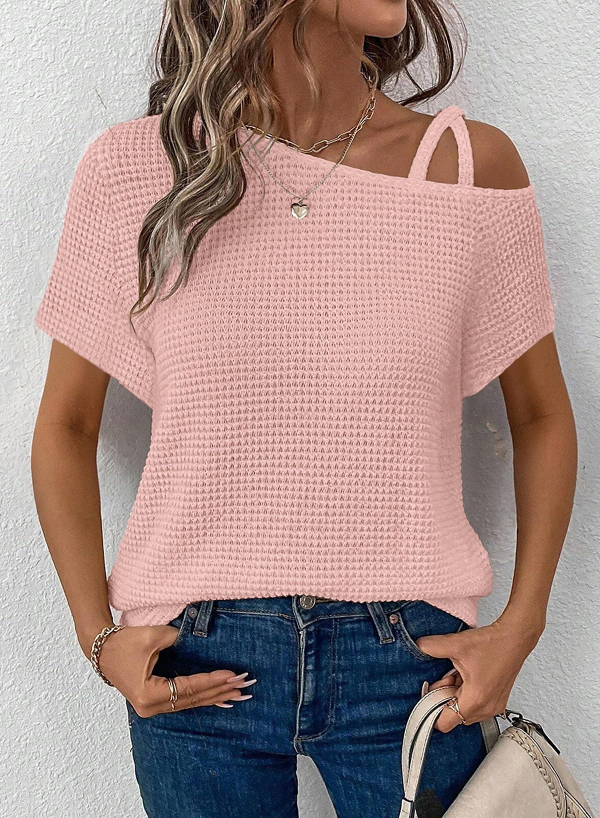 Women's Summer Off-Shoulder Waffle Knit Short Sleeve Top (Buy 2 Free Shipping!!!)