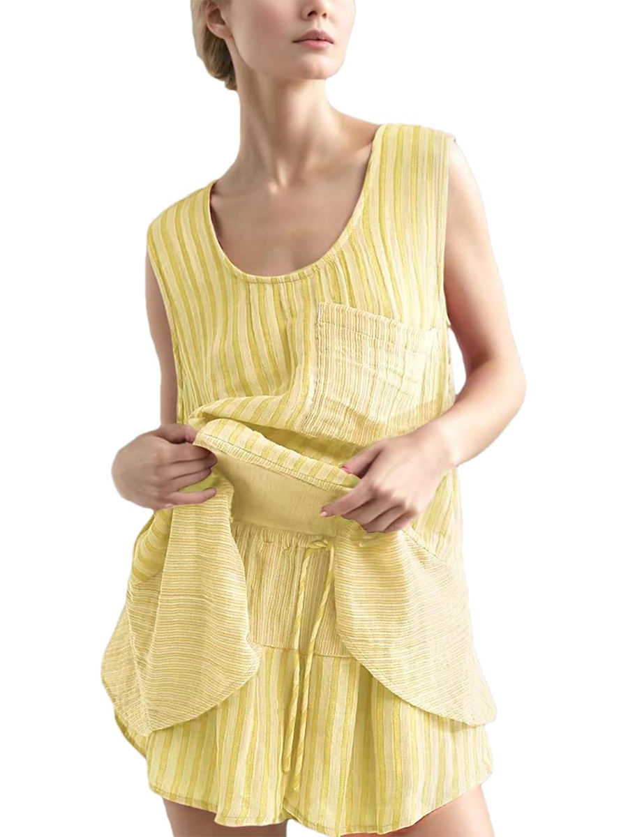 Women's Striped Sleeveless Tops Lounge Shorts Matching Set with Pockets