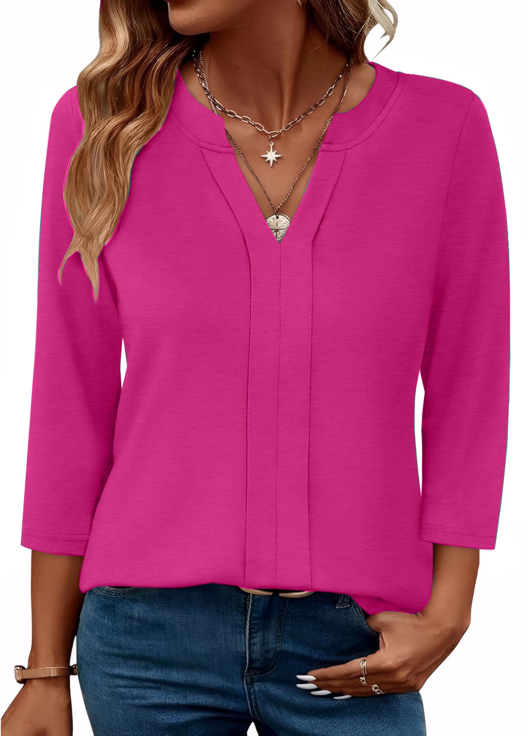 Womens 3/4 Length Sleeve Tops V Neck Pleated Work Blouses(buy 3 free shipping)