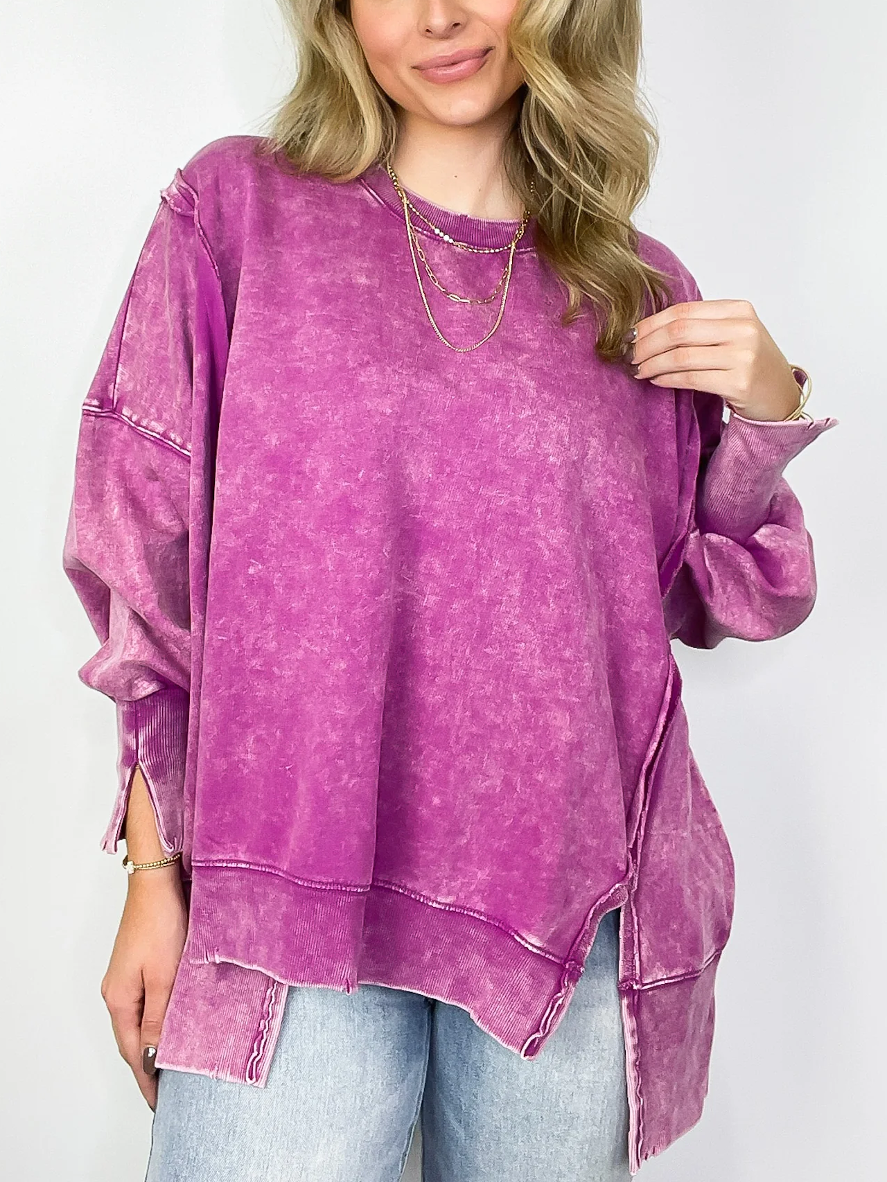 Womens Acid Wash Split Cuff Oversized Crew Pullover (Buy 2 Free Shipping)