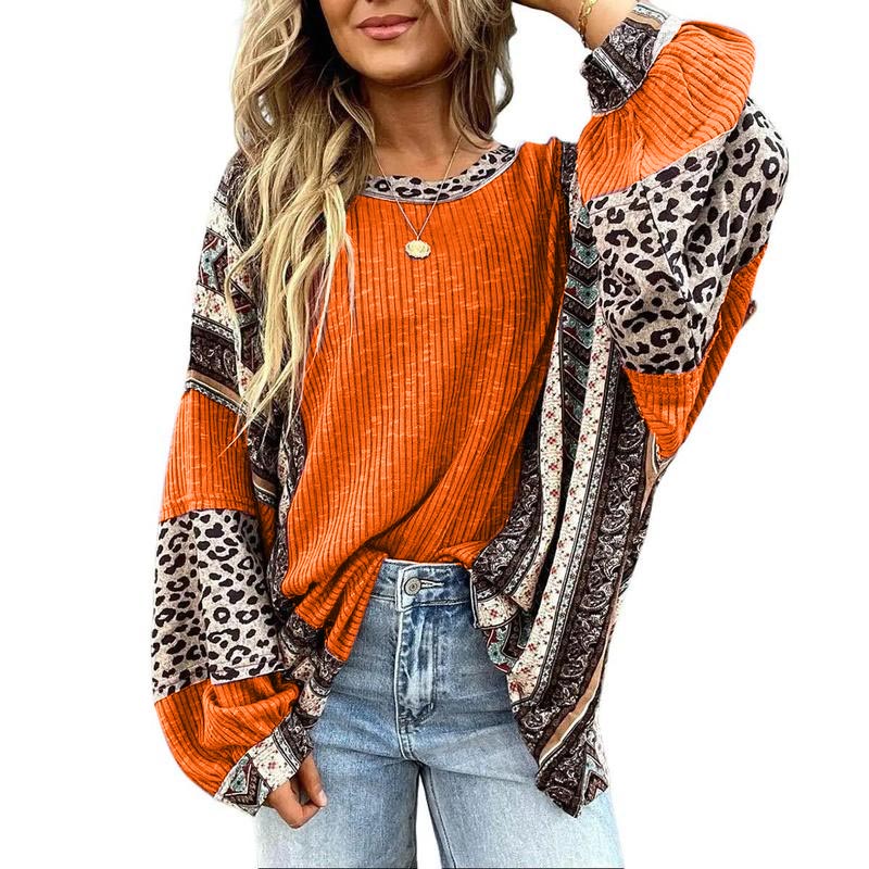 Limited time sale🔥Womens Loose fit Long Sleeve Oversized Retro Leopard Contrast Patchwork Top