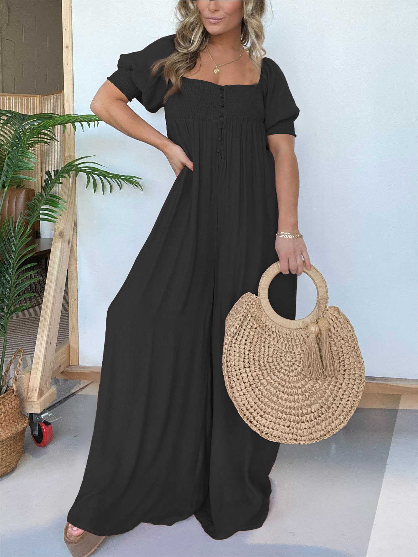 Square Neckline Jumpsuit with Smocked Bodice Button (Buy 2 Free Shipping)