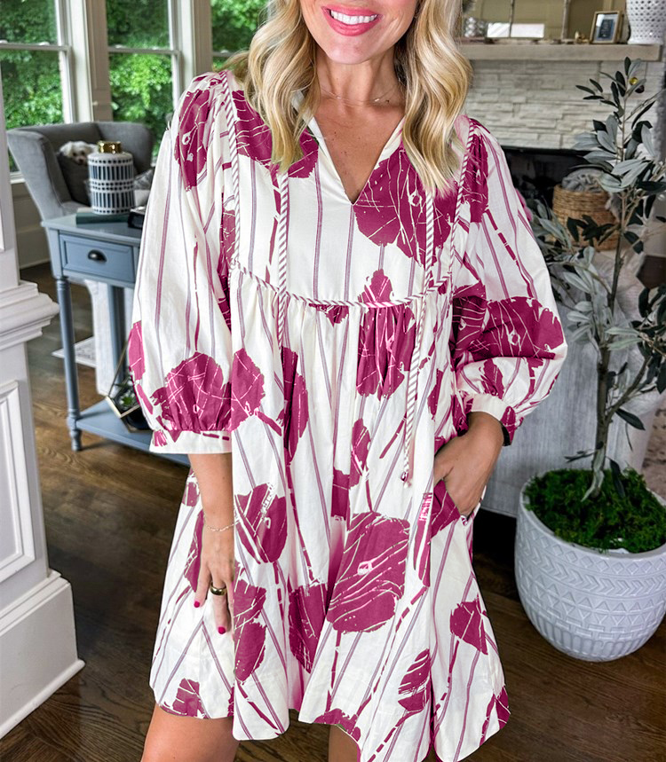 Women's Stripe Print 3/4 Sleeve Mini Dress