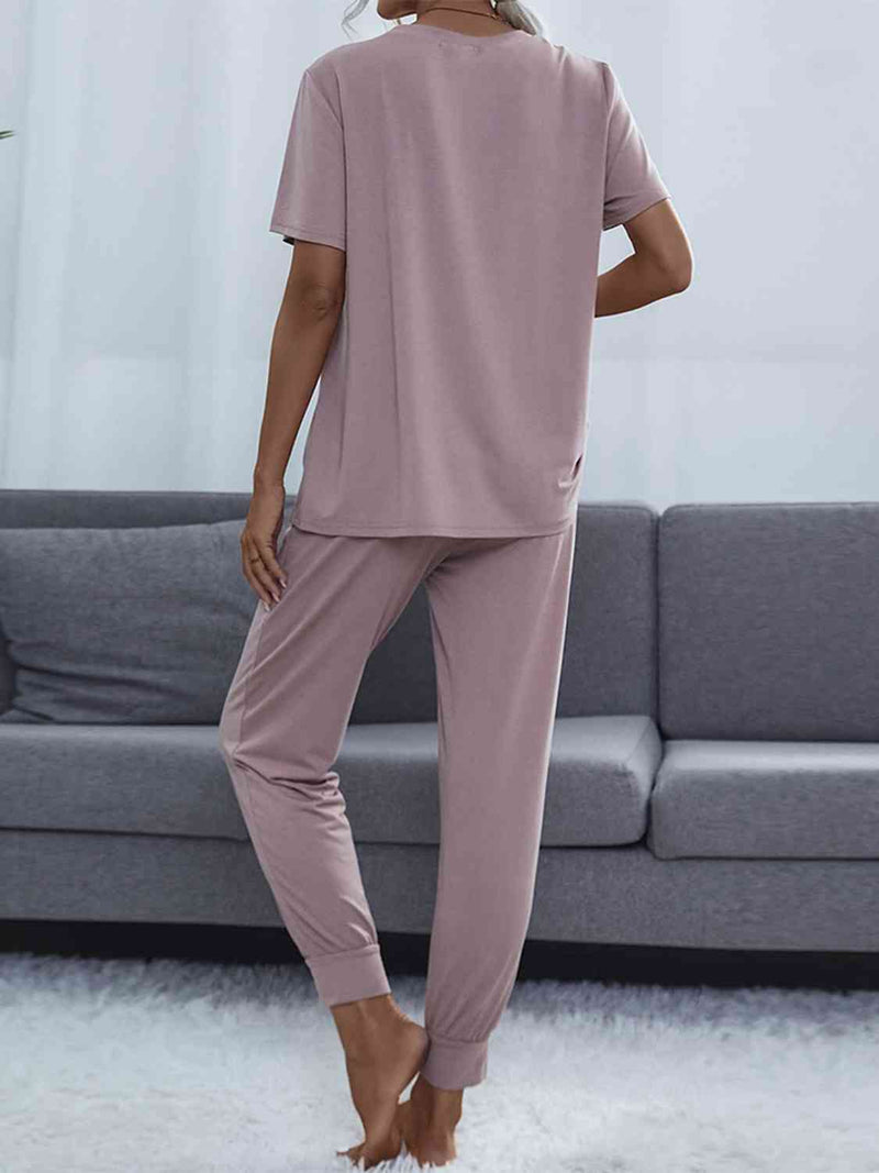 Women's Round Neck Short Sleeve Top and Pants Set