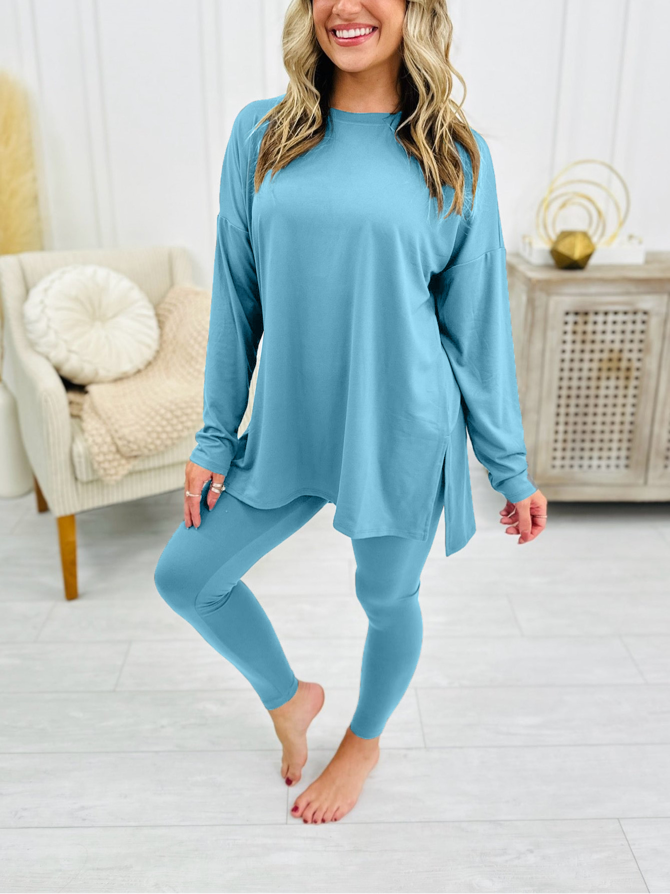 HOT SALE Buttery Soft Microfiber Long Sleeve Side Slit Loungewear Set