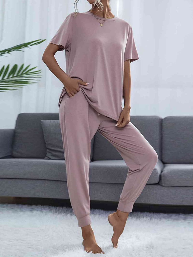 Women's Round Neck Short Sleeve Top and Pants Set
