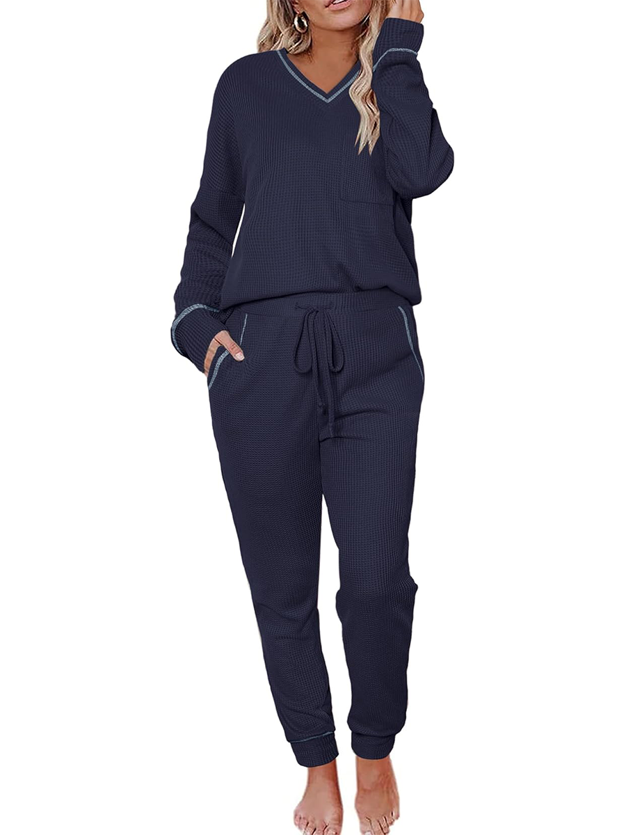 Women's V Neck Waffle Knit Sleepwear Top and Pant Lounge Sets