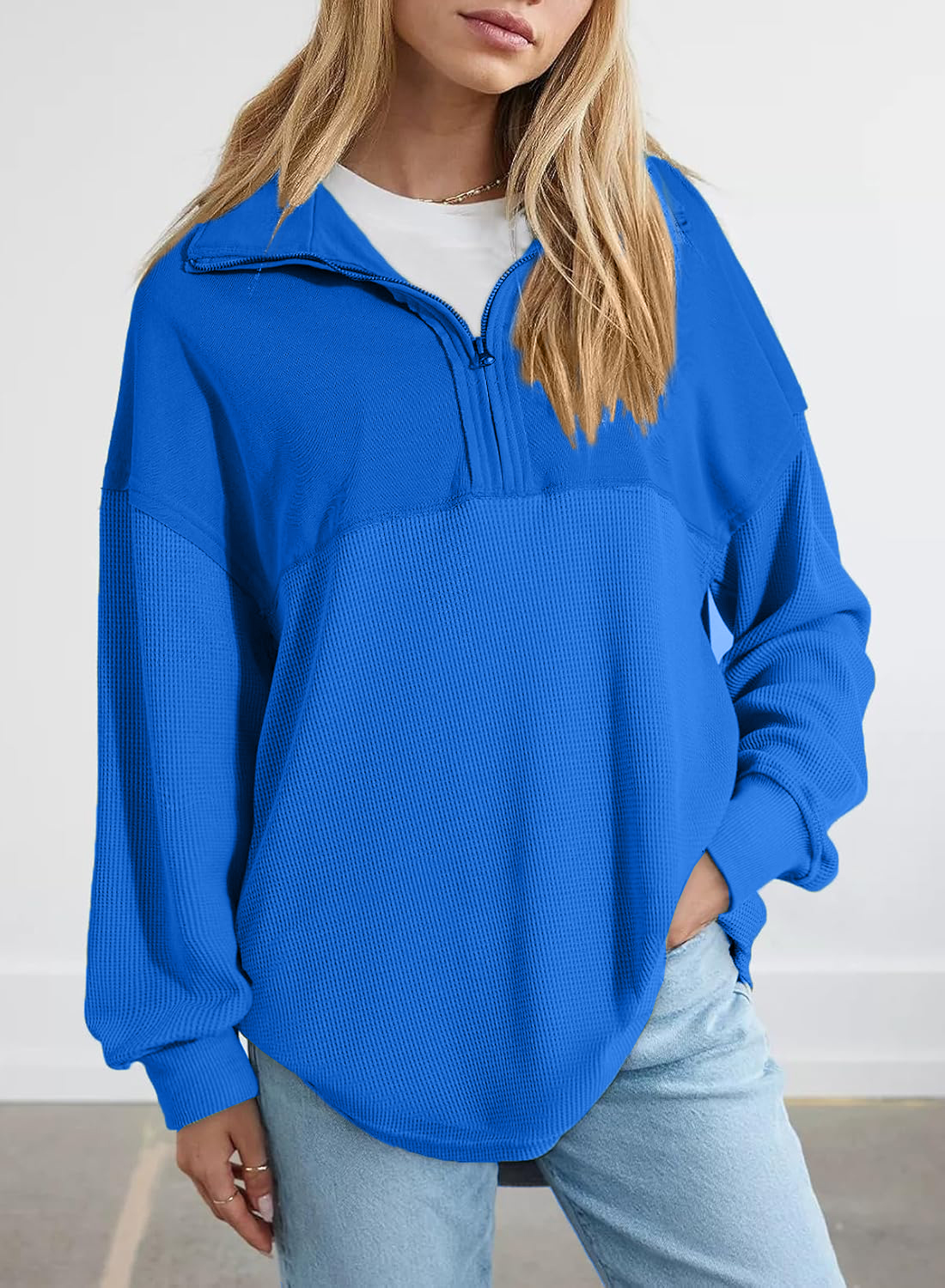 HOT SALE Women's Waffle Knit Half Zip Pullover Casual Sweatshirt
