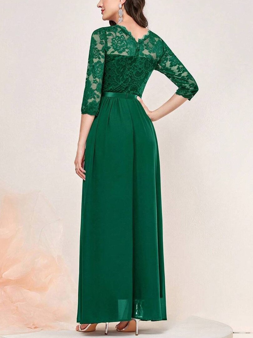 Floral Lace 3/4 Sleeve Bodice Ribbon Pleated Party Maxi Dress