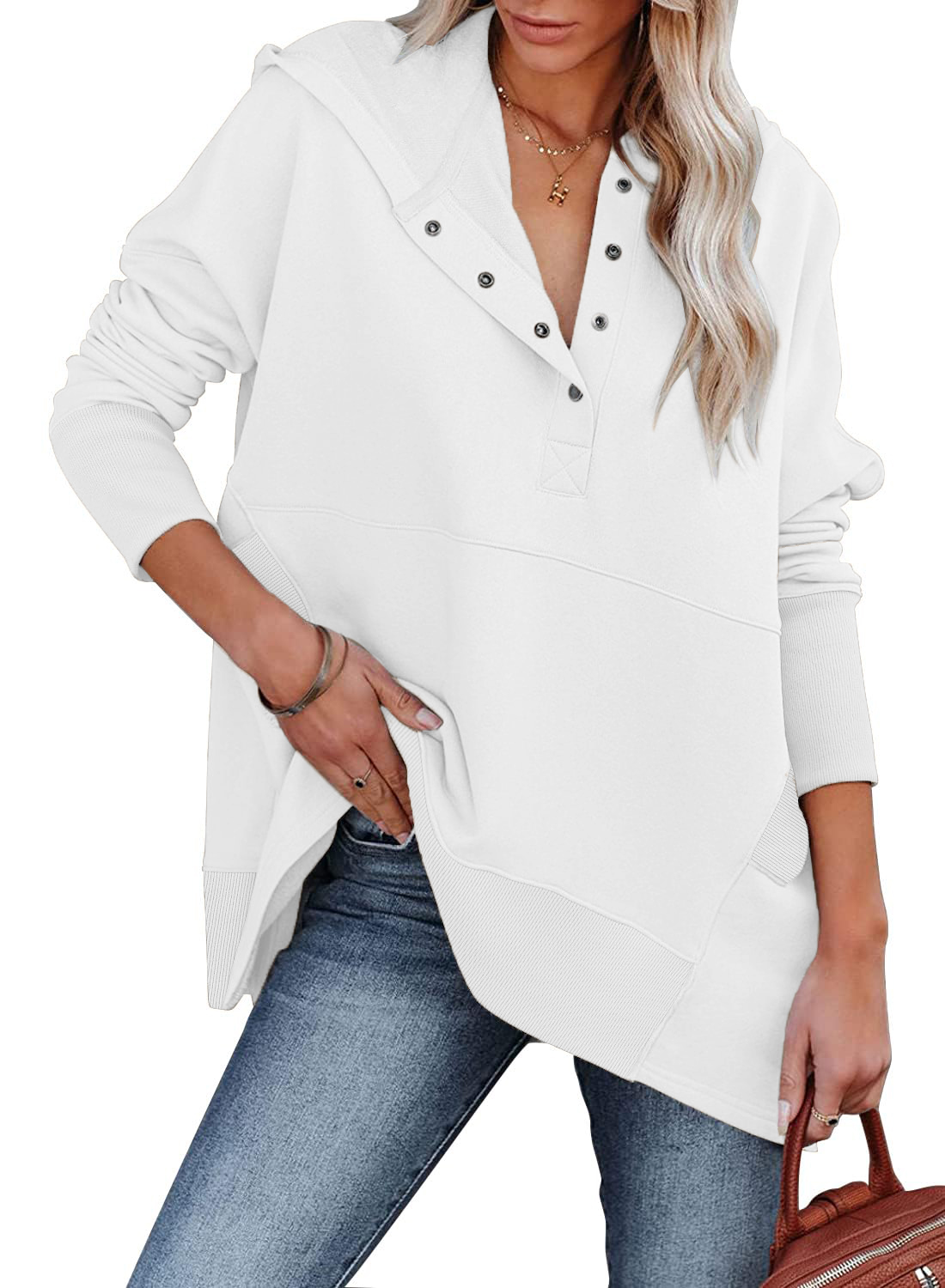 Women's Oversized Button Collar Long Sleeve Sweatshirt With Pocket (BUY 2 FREE SHIPPING)