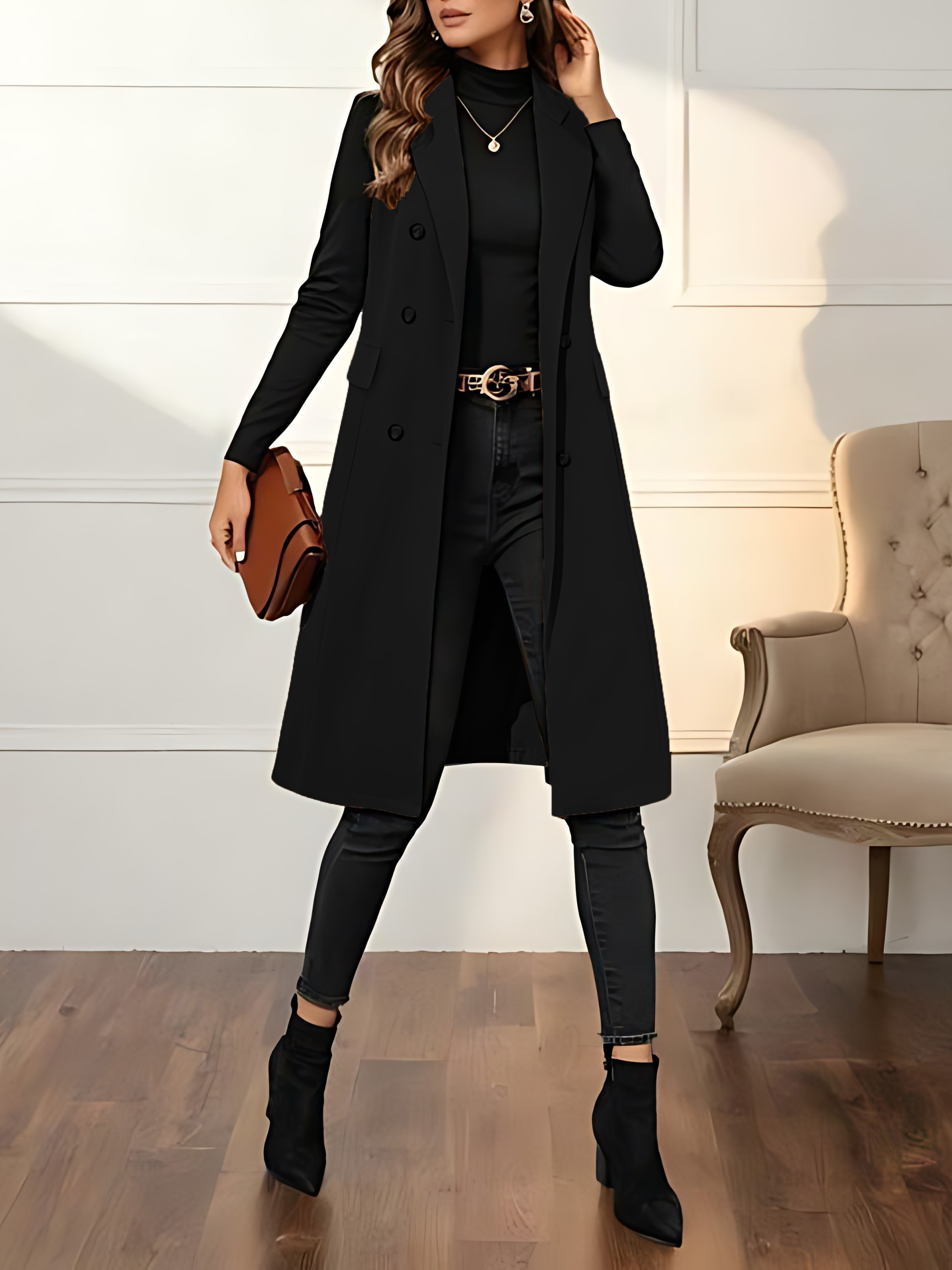 Women's Double Button Lapel Neck Longline Vest Overcoat