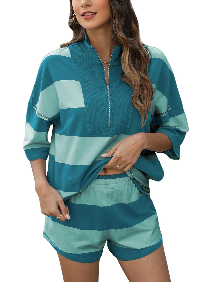 Women’s Striped Half-Zip Top & Elastic Waist Shorts Lounge Set Activewear 