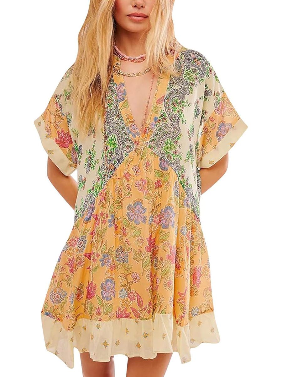 Women's V-Neck Printed Flowing Short Sleeve Mini Dress