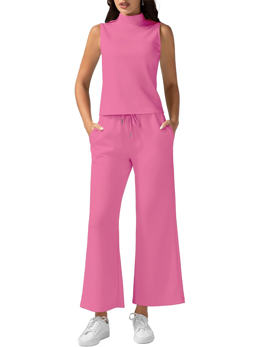 Women's Mock Neck Sleeveless Tank Top & Wide Leg Pants 2 Piece Lounge Sets