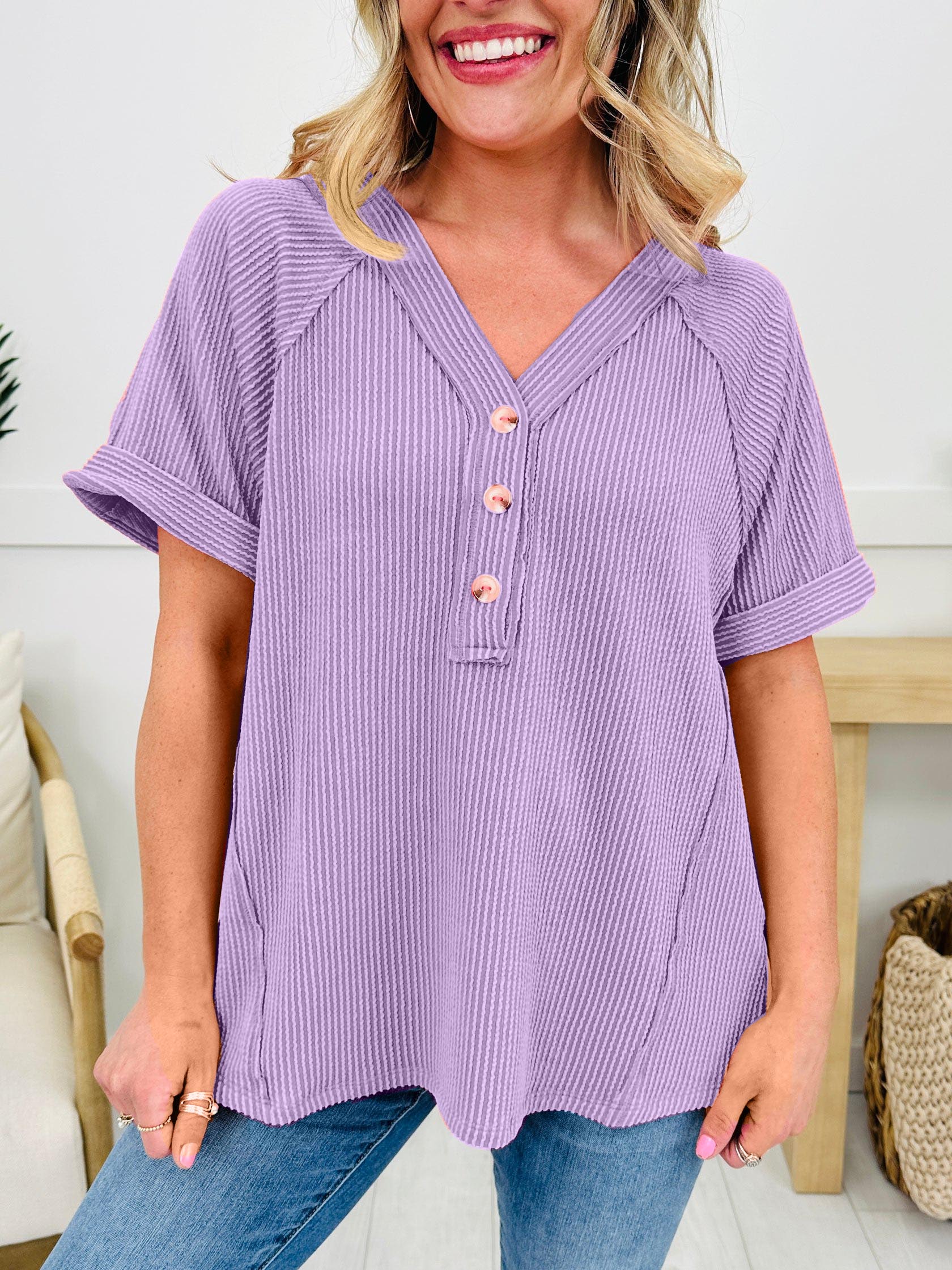 Women's V Neck Ribbed Button Shoort Sleeve Top