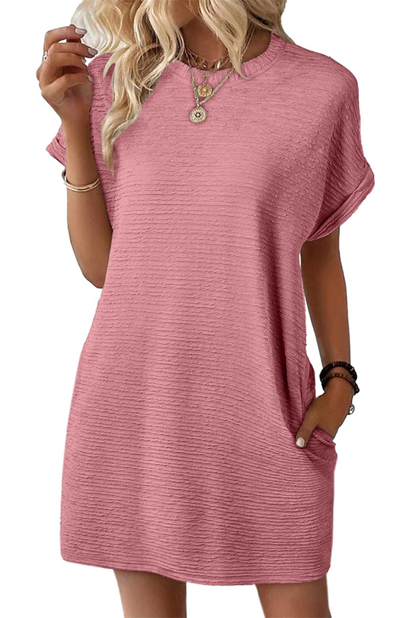 Women's Crewneck Short Sleeve Textured Mini Dress Casual Beach Vacation Dresses