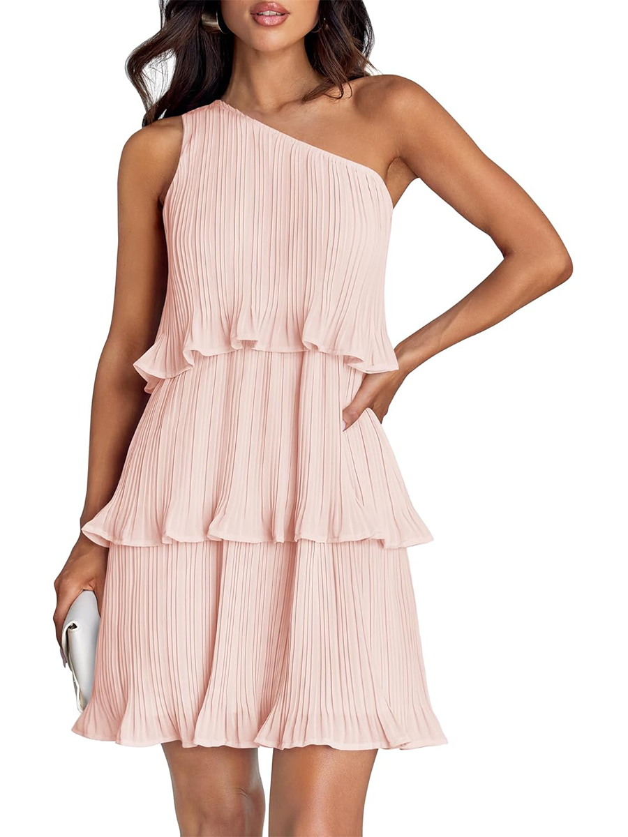 Women's Summer One Shoulder Ruffle Tiered Layered Chiffon Flowy A Line Dress