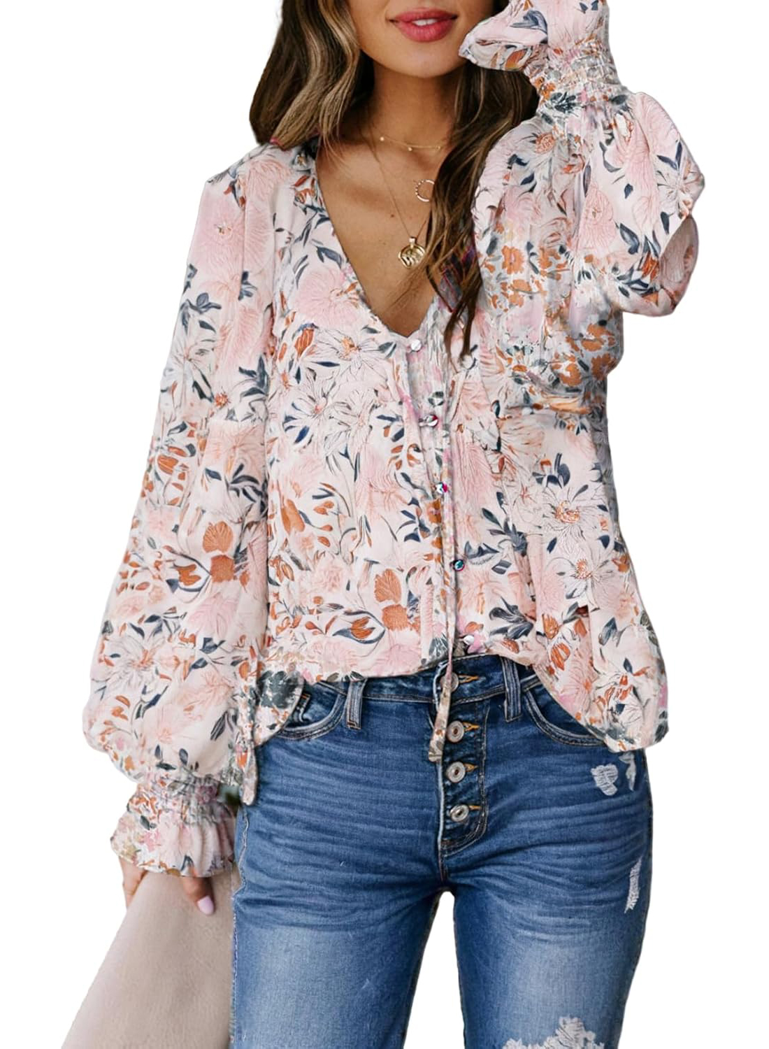 Women's Boho Floral Print V Neck Long Sleeve Drawstring Button Blouses