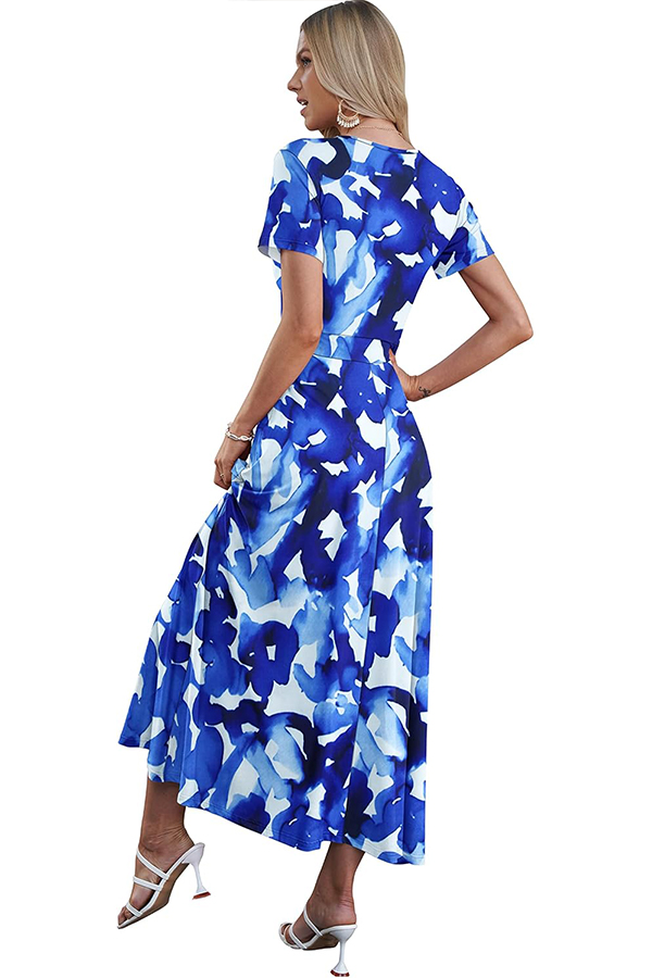 Women's V Neck Floral Print Beach Long Flowy Dress with Pockets