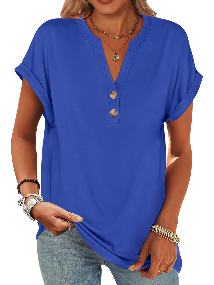 Women's V Neck Button Casual Loose Fit Short Sleeve Shirts Henley Tops