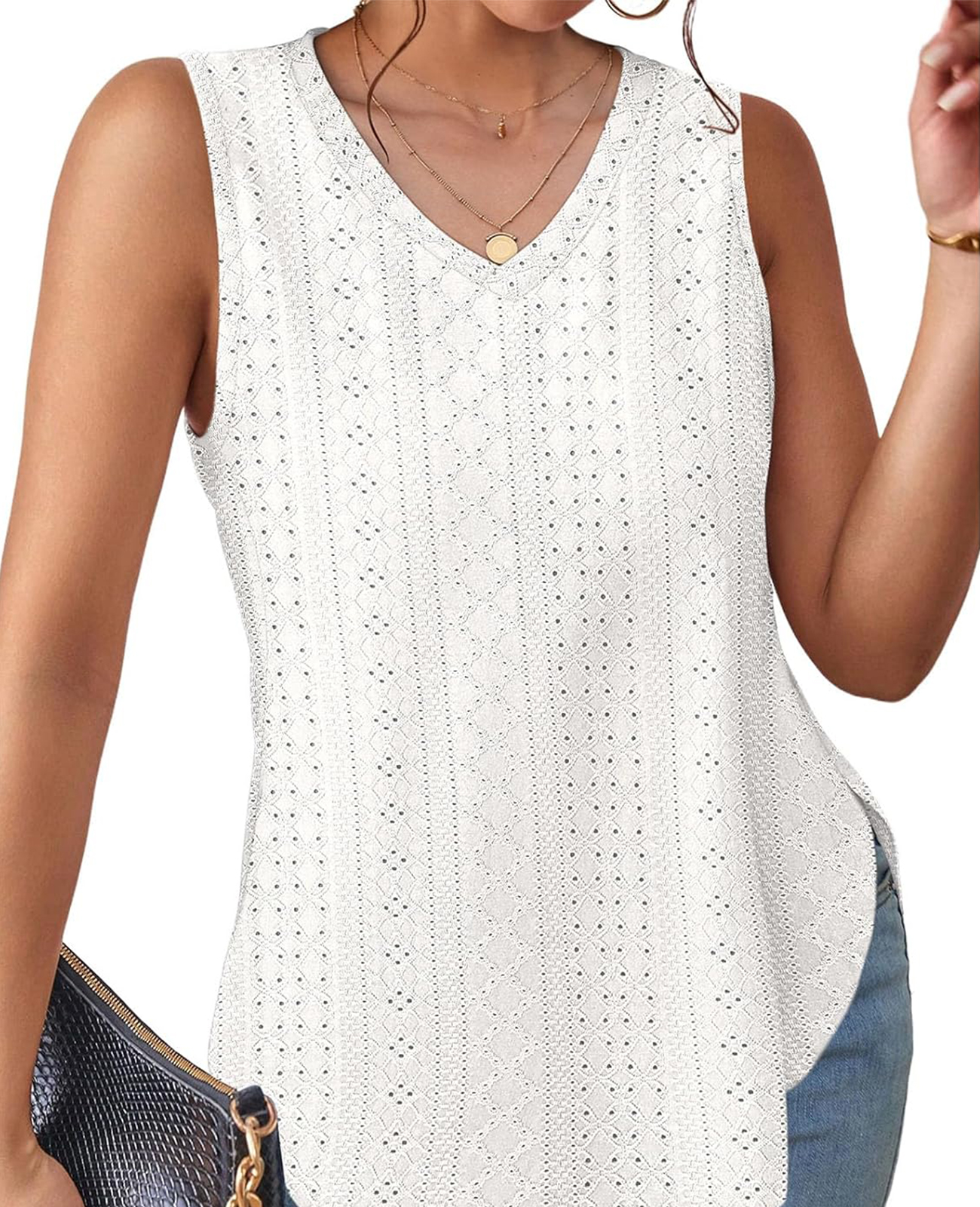 HOT SALE Women's V Neck Eyelet Embroidery Casaul Sleeveless Tank Tops
