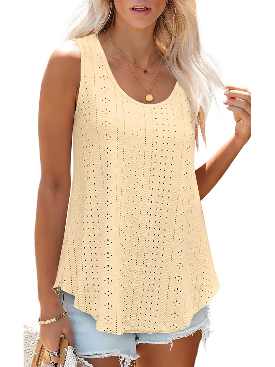 Women's Casual Loose Scoop Neck Wide Strap Eyelet Tank Tops