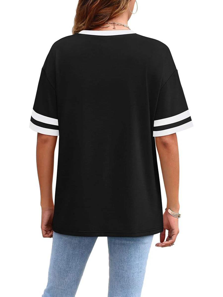 Women's Oversized Crew Neck Colorblock Striped Sleeve T-shirt