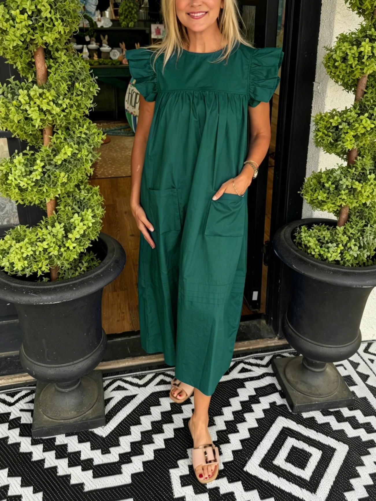 Women's Flutter Sleeve Pocket Midi Shift Dress