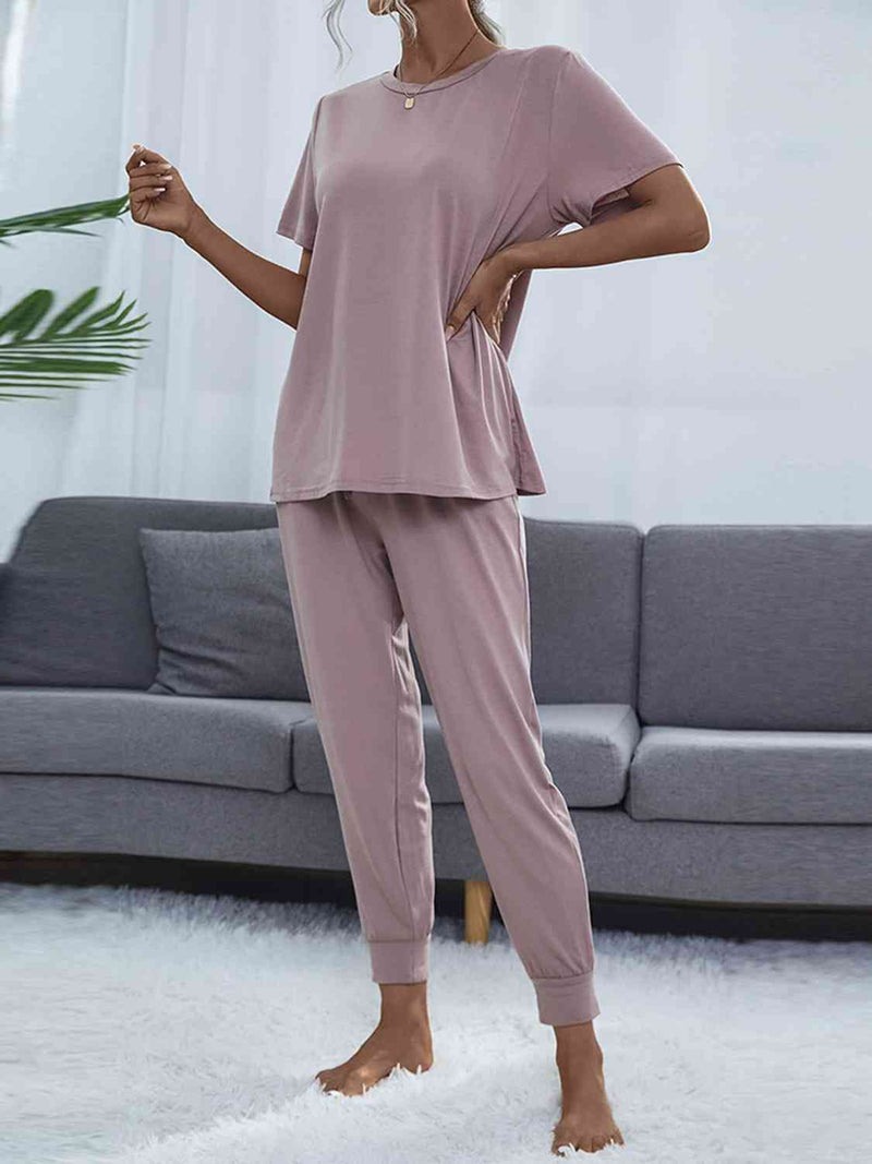 Women's Round Neck Short Sleeve Top and Pants Set