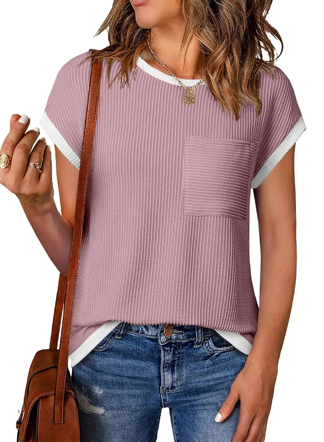 HOT SALE Women's Short Sleeve T Shirts Crewneck Color Block Ribbed Knit Tee