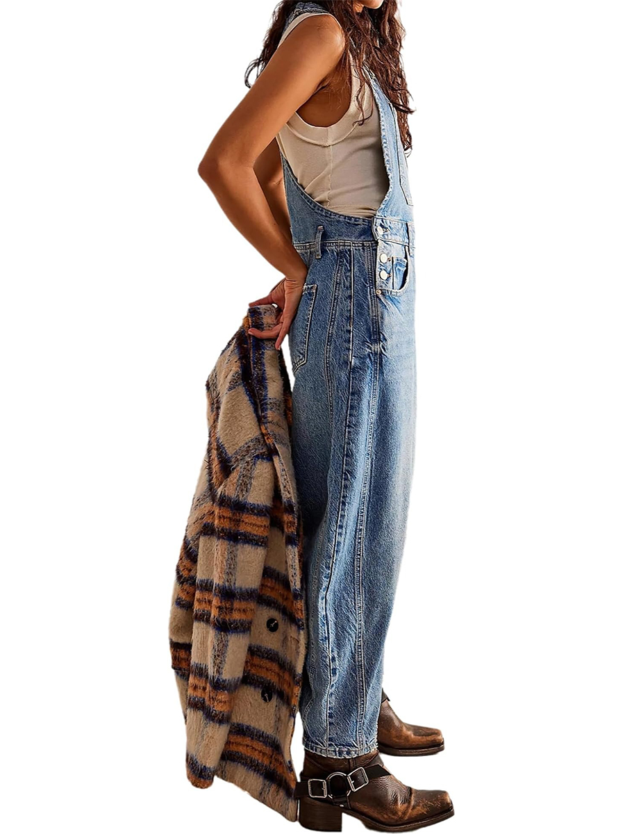 HOT SALE Women's Denim Bib Overalls Barrel Leg Adjustable Strap