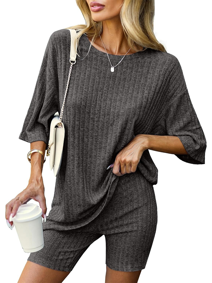 HOT SALE Women's 2 Piece Outfits Ribbed Short Sleeve Drop Shoulder Tee and Shorts Set