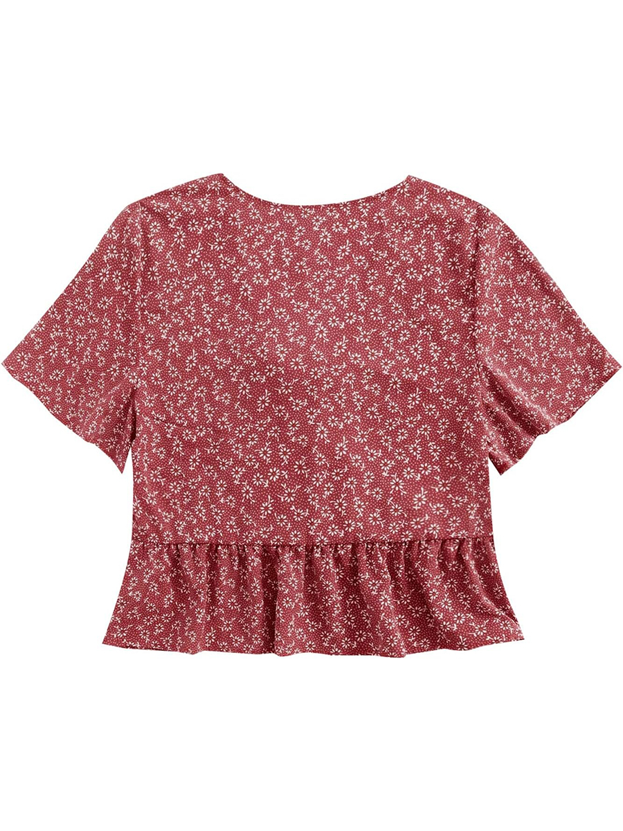 Women's Floral Print V Neck Tie Knot Ruffle Hem Short Sleeve Top