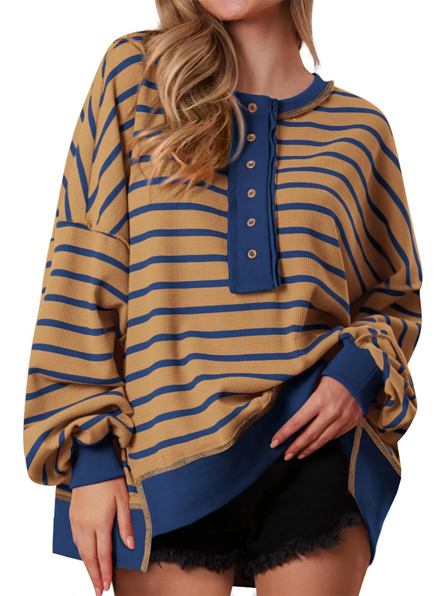 Women's Striped Oversized Sweatshirt Button Up Henley Neck Waffle Knit Pullover