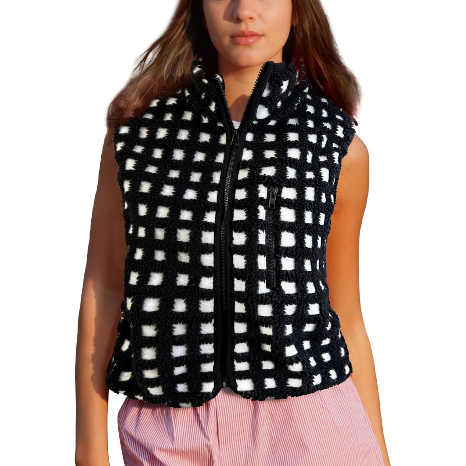 Women's Trendy Plaid High Neck Sherpa Zipper Vest Fleece Jacket