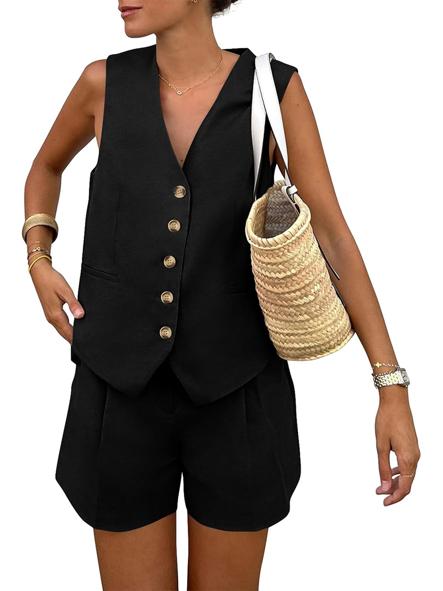 Women's Sleeveless Matching Sets Button Down V Neck Vest Waistcoat and Pockets Shorts