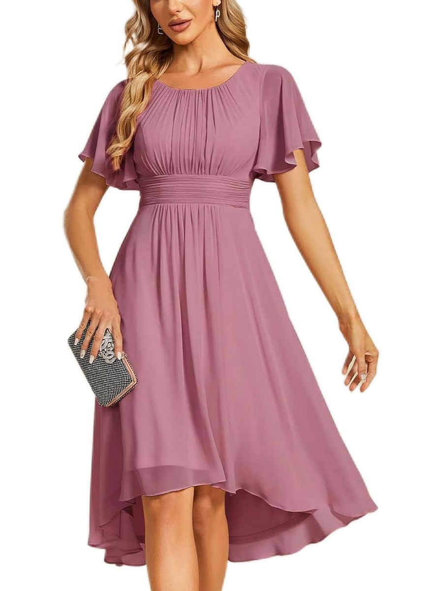 Women's Crew Neck Pleated Ruffle Short Sleeve Dress