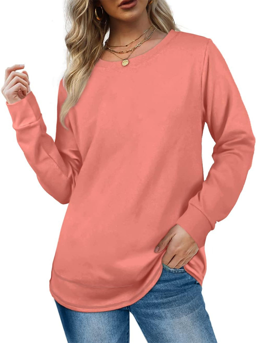 HOT SALE Women's Crewneck Long Sleeve Sweatshirt Curved Hem Tunic Tops