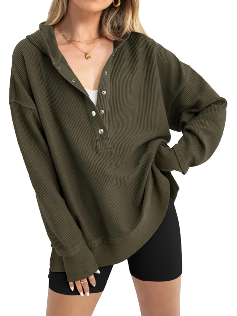 Women's Oversized Button Down V Neck Sweatshirt Side Slit Hoodie