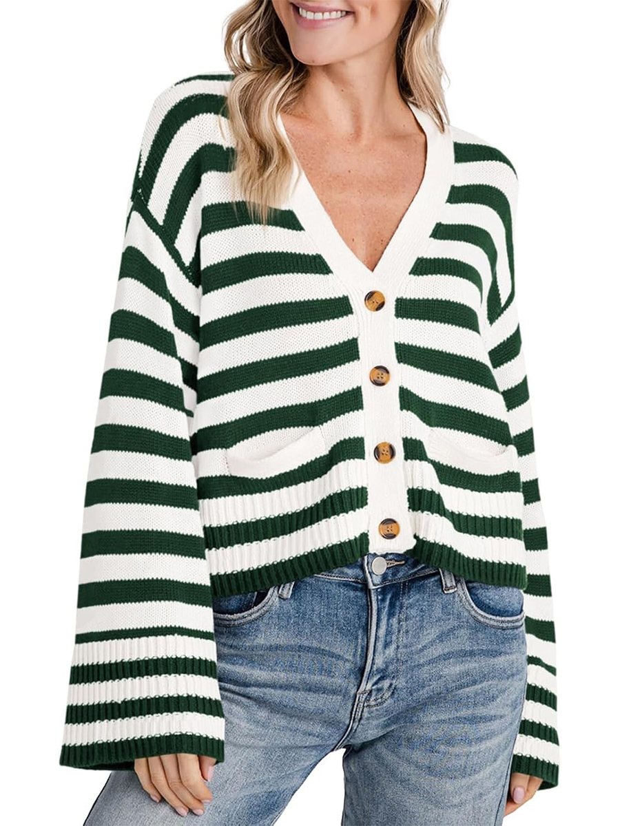 Women's Striped Cropped Button Open Front Long Sleeve Knit Cardigan Sweater