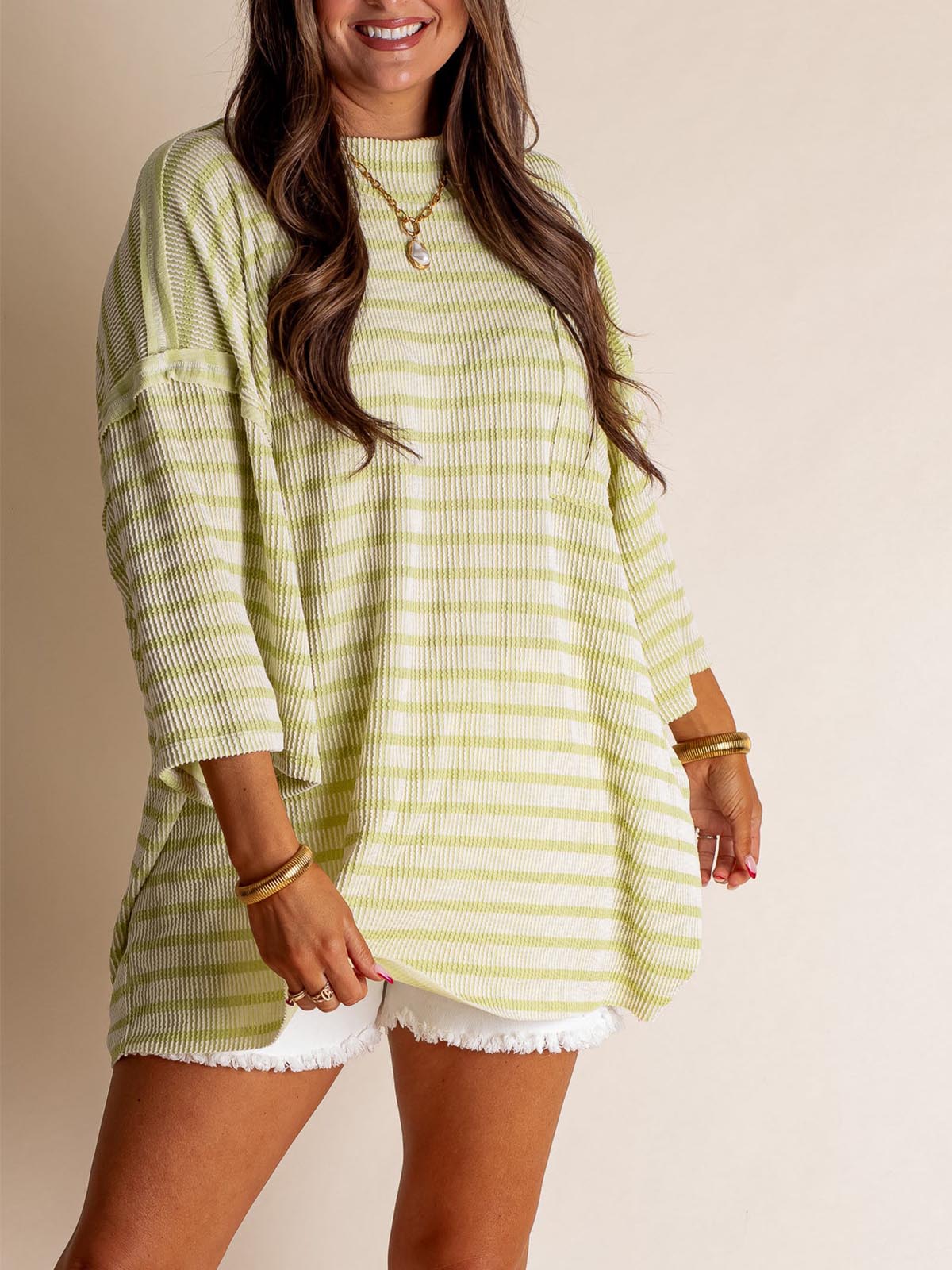 Only Go Forwards Oversized Striped Top Ribbed Short Sleeves