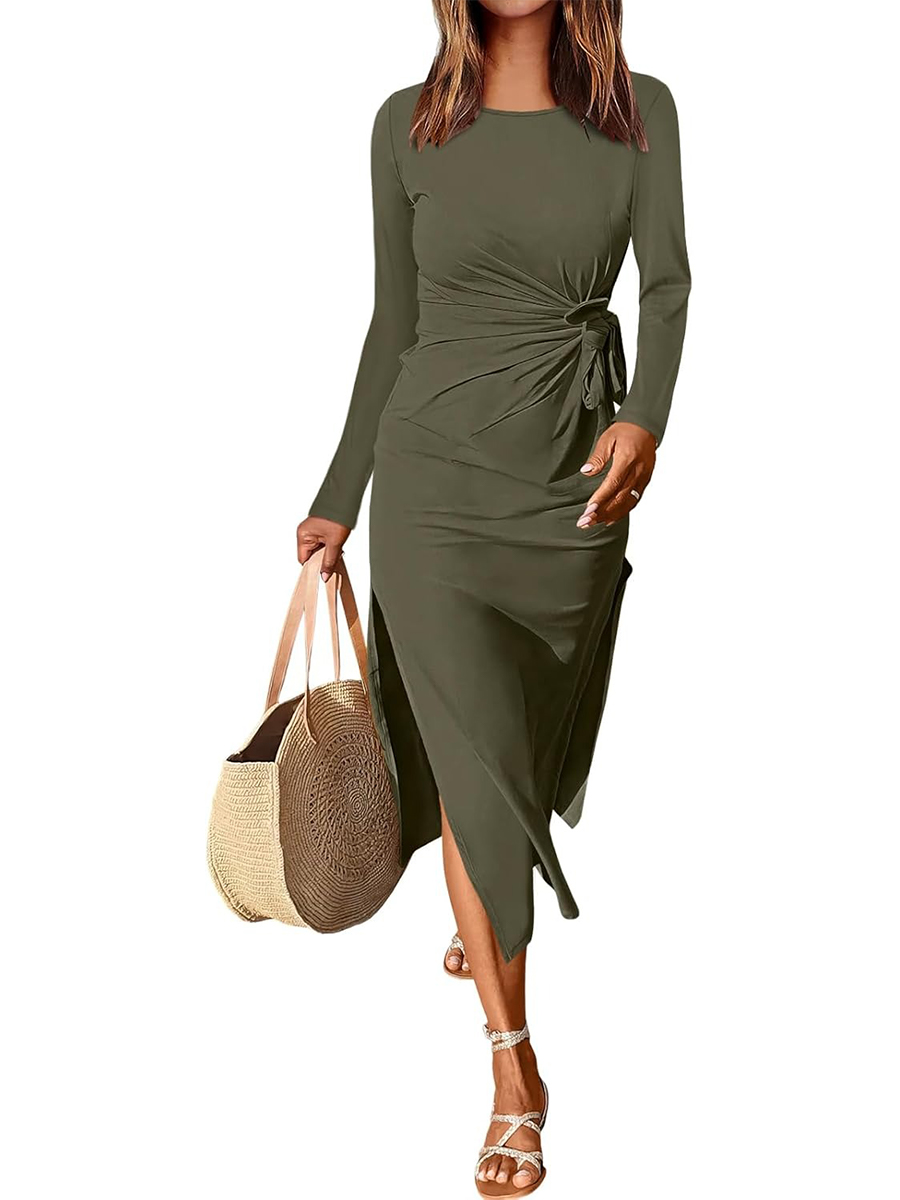 Women's Casual Long Sleeve Tie Waist Slit Maxi Dress